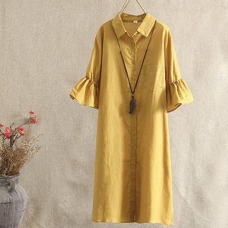 3/4-sleeve Frill Trim Midi Shirt Dress