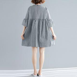 Plaid Round-neck Bell-sleeve Dress Plaid Dress - L