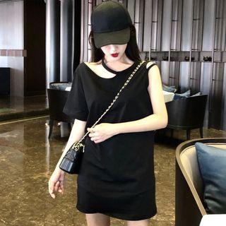 Short-sleeve Cutout Mini T-shirt Dress Black - One Size