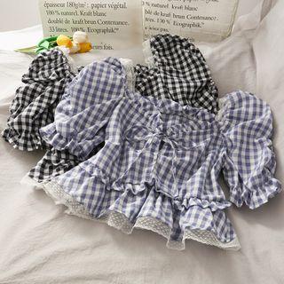 Mesh-hem Checker Ruched Crop Blouse