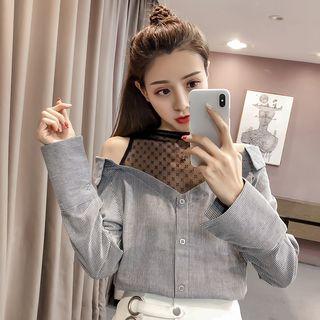 Long-sleeve Striped Mesh Blouse