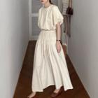 Puff-sleeve Plain Blouse + High-waist Shirred Skirt