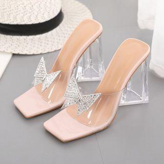 Rhinestone Butterfly Pvc Panel Chunky-heel Sandals