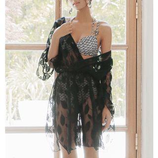 Set Of 3: Lace Cover-up + Patterned Bikini Top + Swim Shorts