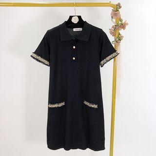 Short-sleeve Tweed Trim A-line Polo Dress Black - One Size