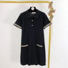 Short-sleeve Tweed Trim A-line Polo Dress Black - One Size