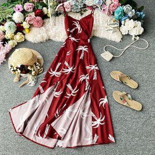 Spaghetti Strap Palm Tree Print Midi A-line Dress