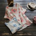 Elbow-sleeve Round Neck Floral Top