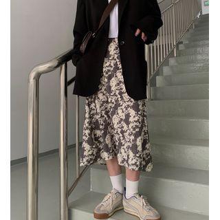 Floral Print Midi A-line Skirt White & Brown - One Size