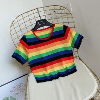 Short-sleeve Striped Knit Crop Top Black & Red & Orange - One Size