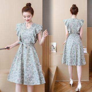 V-neck Flutter Sleeve Floral Print A-line Dress