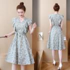 V-neck Flutter Sleeve Floral Print A-line Dress