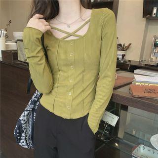 Long-sleeve Cross Strap Button-up T-shirt