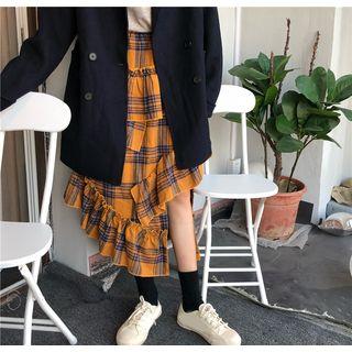 Plain Turtle-neck Long-sleeve Top / Plaid Irregular Skirt