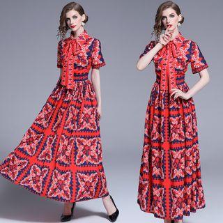 Short-sleeve Patterned Ribbon A-line Maxi Dress