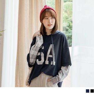 Letter Print Plaid Panel Hoodie