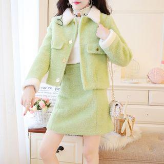 Set: Faux-fur Cropped Jacket + A-line Skirt