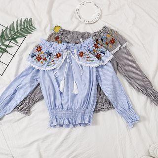 Frilled Trim Embroidered Striped Smocked Top