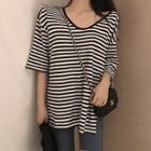 Elbow-sleeve Striped T-shirt Stripes - Black & White - One Size