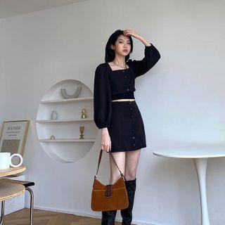 Set: Button-up Cropped Blouse + Mini Skirt