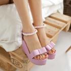 Faux Pearl Ankle Strap Bow Platform Wedges