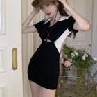 Short-sleeve Two-tone Mini Sheath Dress Black - One Size