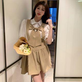 Peter Pan Collar Puff Sleeve Shirt / Bow-accent Suspender Mini Dress