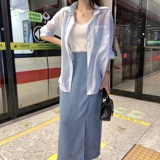 Set: Camisole Top + Light Shirt + Slit Maxi Pencil Skirt
