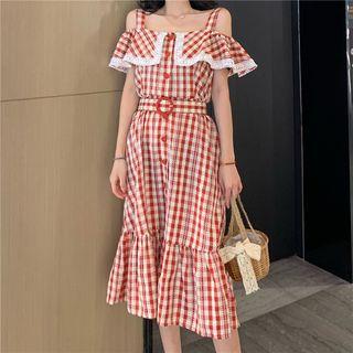 Contrast Trim Off-shoulder Plaid Dress