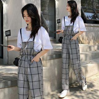 Short-sleeve Top / Spaghetti Strap Plaid Jumper Pants / Set