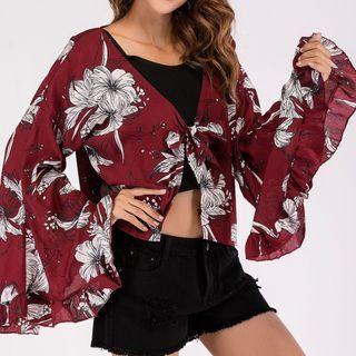 Bell-sleeve Flower Print Cropper Blouse