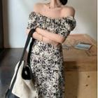 Short Sleeve Off-shoulder Print Slit Midi Dress