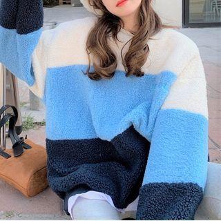 Panel Fleece Sweatshirt White & Blue & Dark Blue - One Size