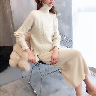 Set: Turtle Neck Sweater + Midi Fitted Knit Skirt