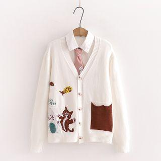 Cat Jacquard V-neck Knit Cardigan
