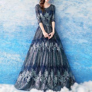 Sequined Elbow Sleeve Evening Gown