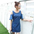 Cut Out Shoulder Short Sleeve Denim Dress