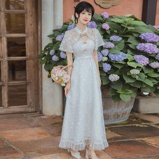 Short-sleeve Mesh Embroidered Maxi Qipao Dress