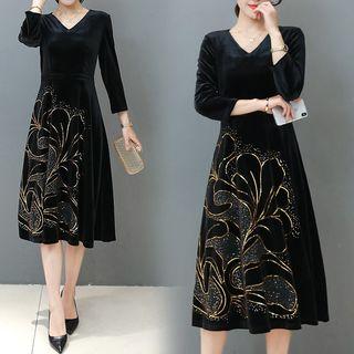 3/4-sleeve Velvet Sequined A-line Midi Dress