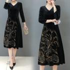 3/4-sleeve Velvet Sequined A-line Midi Dress