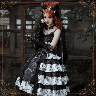 Set: Strappy Print A-line Dress + Belt + Choker