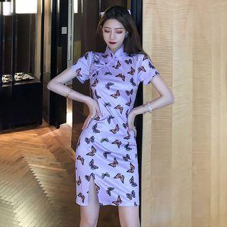 Short-sleeve Butterfly Print Mini Bodycon Qipao Dress