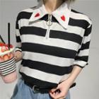 Heart Embroidered Striped Elbow Sleeve Polo Shirt