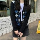 Argyle V-neck Cardigan Black & Blue & White - One Size