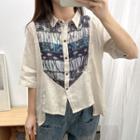 Elbow-sleeve Patterned Shirt Almond - One Size