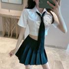 Crop Shirt / Pleated Mini A-line Skirt / Necktie / Set
