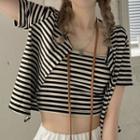 Set: Striped Cropped Camisole Top + Short-sleeve Cardigan
