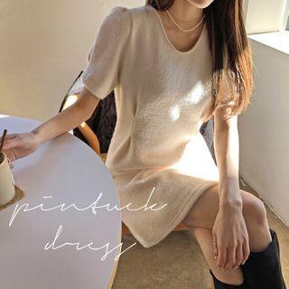 Puff-sleeve Pleated Furry Dress