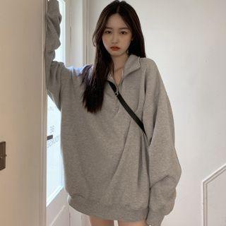 Collared Zip-up Oversized Sweatshirt Gray - One Size