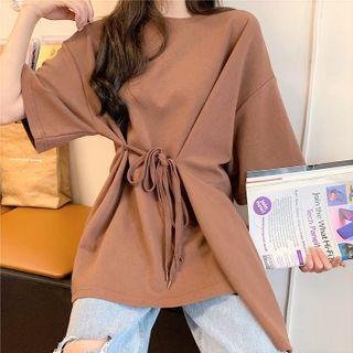 Loose-fit Lace-up Short Sleeve Plain T-shirt